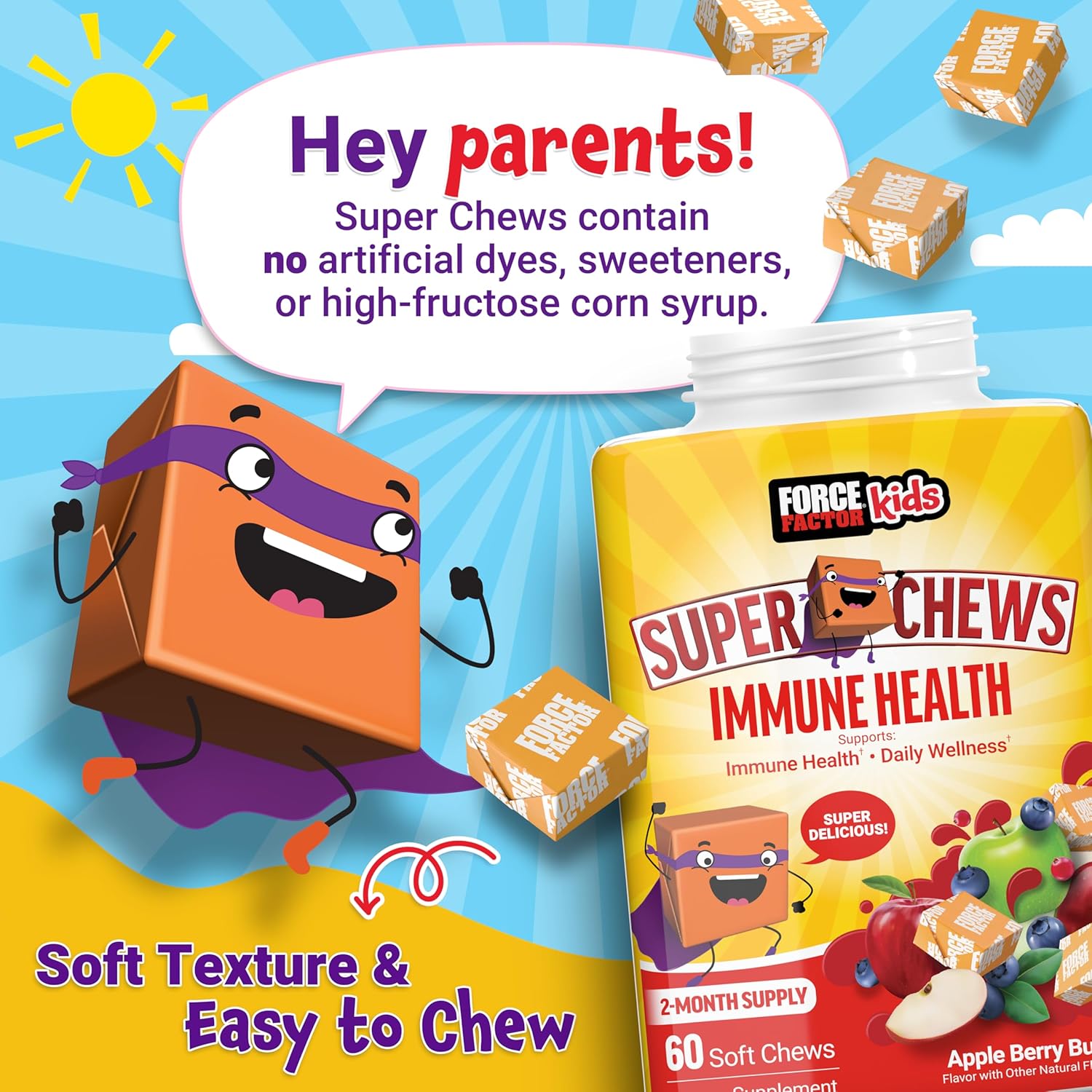 FORCE FACTOR Kids Immune Health Super Chews, Kids Immune Support Supplement with Vitamin D for Kids, Elderberry, Vitamin C, & Zinc, 2-Month Supply, Non-GMO, Apple Berry Flavor, 60 Soft Chews : Health & Household
