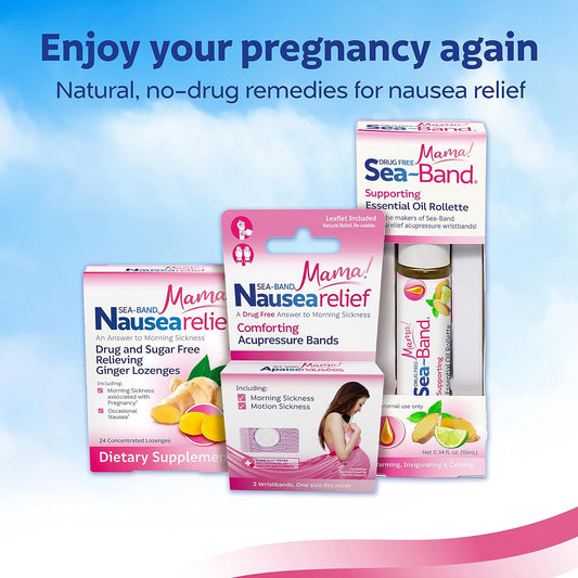 Sea-Band Mama! Nausea Relief Pregnancy Kit with Anti-Nausea Acupressure Bands, Ginger Lozenges & Essential Oil Rollette