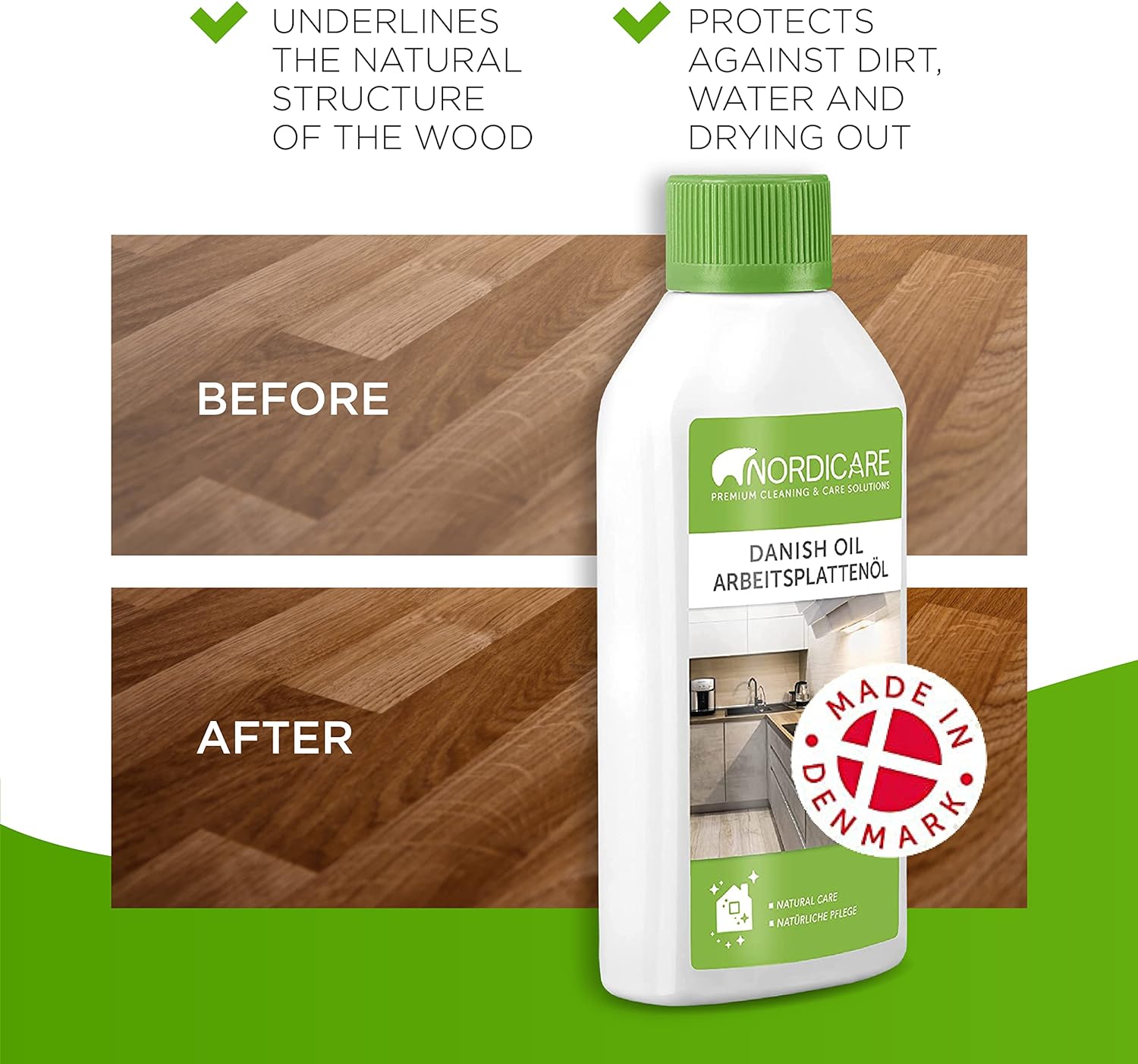 Danish Oil for Wood by Nordicare - Danish Oil Underlines The Natural Structure of The Wood (Oak, Cherry, Pine and More) - Wood Oil for Wooden Worktops - Made in Denmark (500ml) : Home & Kitchen