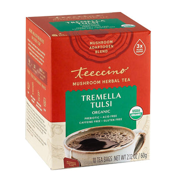 Teeccino Tremella Tulsi Tea - Cardamom - Organic Mushroom Adaptogenic Herbal Tea, 3X More Herbs Than Regular Tea Bags, Gluten Free, Prebiotic, Caffeine Free - 10 Tea Bags