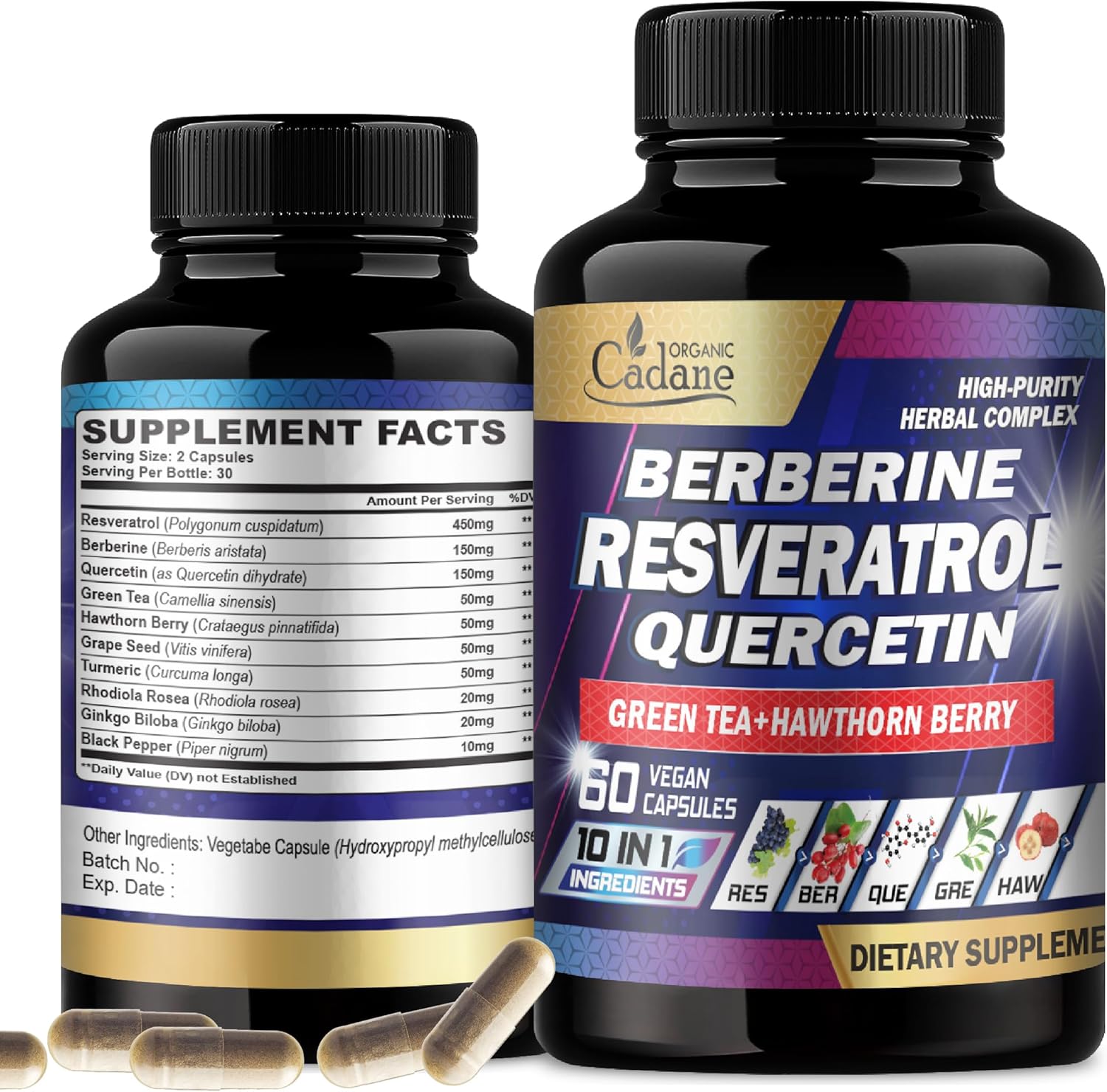 Organic Cadane Premium Resveratrol Supplement - Healthy Aging, Heart, Brain & Immune Support - 10In1 With Quercetin, Berberine, Green Tea, Turmeric, Black Pepper & More - 60 Capsules