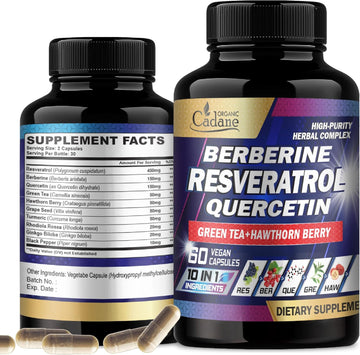Organic Cadane Premium Resveratrol Supplement - Healthy Aging, Heart, Brain & Immune Support - 10In1 With Quercetin, Berberine, Green Tea, Turmeric, Black Pepper & More - 60 Capsules