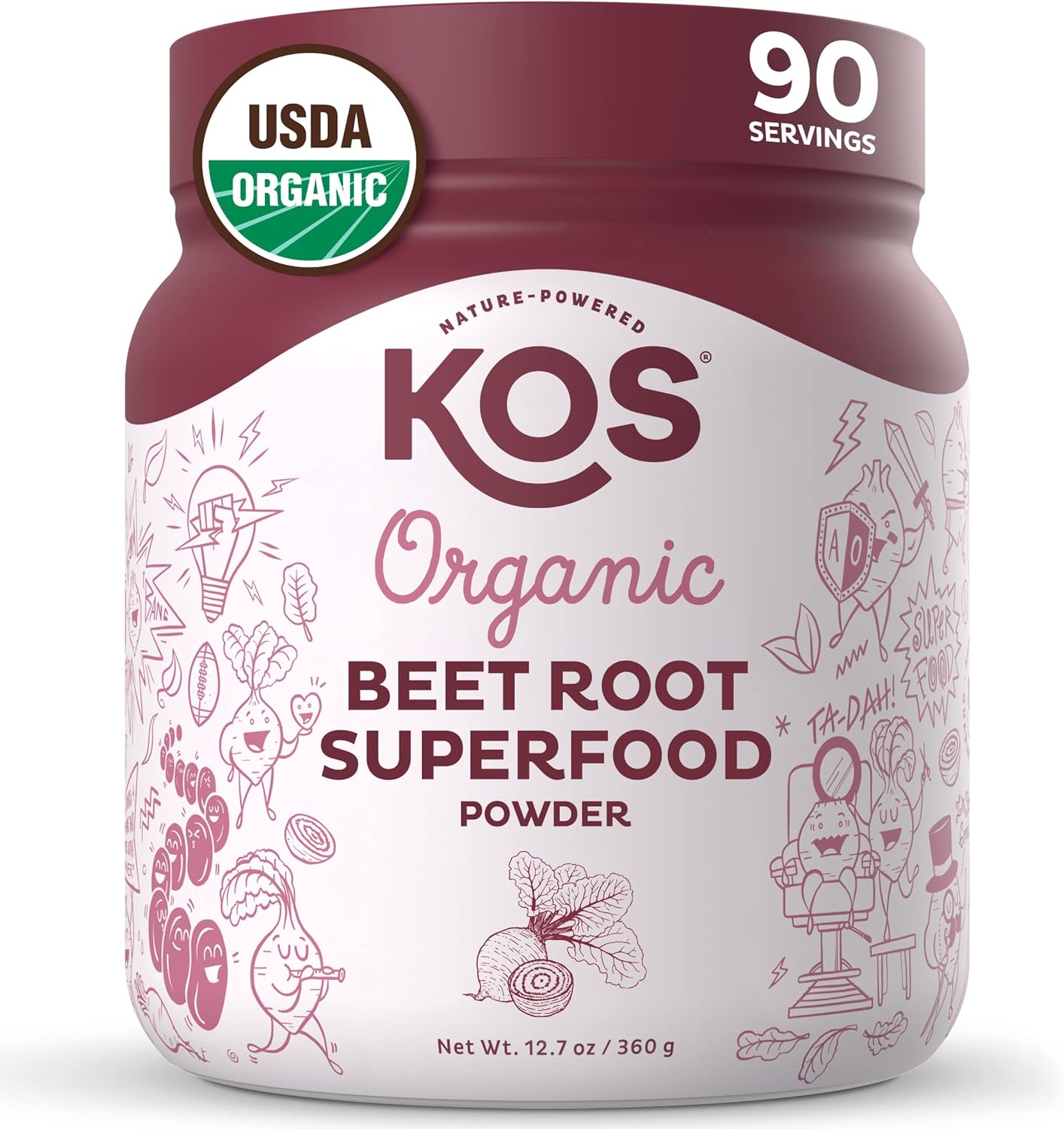 Kos Organic Beet Root Powder, Usda Certified - Natural Nitric Oxide Booster, Superfood For Stamina, Energy, Circulation - Non-Gmo, Plant-Based, 90 Servings