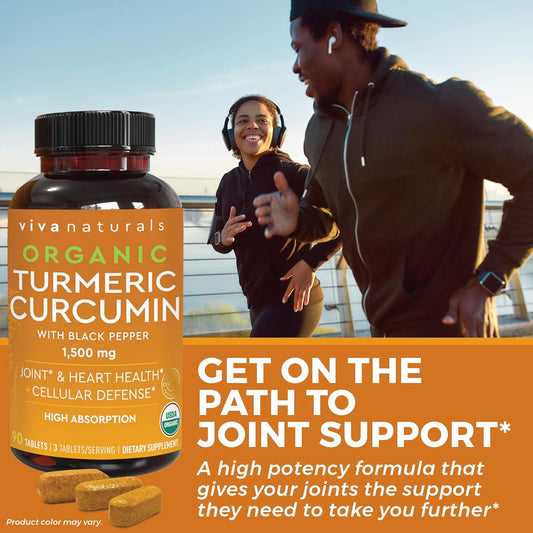 Viva Naturals Organic Turmeric Curcumin Supplement 1,500mg (90 Tablets), Turmeric Curcumin with with Black Pepper for Superior Absorption, High Potency Standardized to 95% Curcuminoids, Joint Support