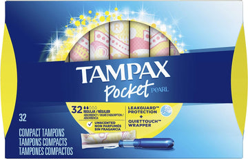 Tampax Pocket Pearl Tampons Regular Absorbency with LeakGuard Braid, Unscented, 32 Count