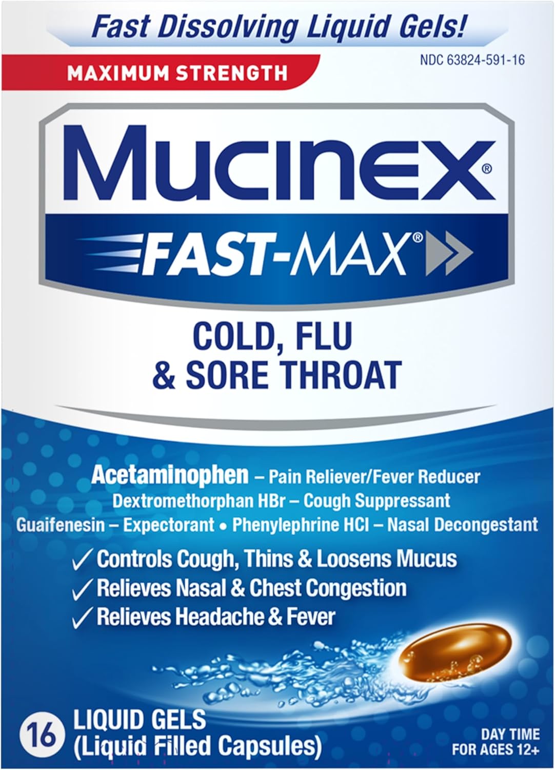 Mucinex Fast-Max Liquid Gels For Cold/Flu/Sore Throat, 16 Count