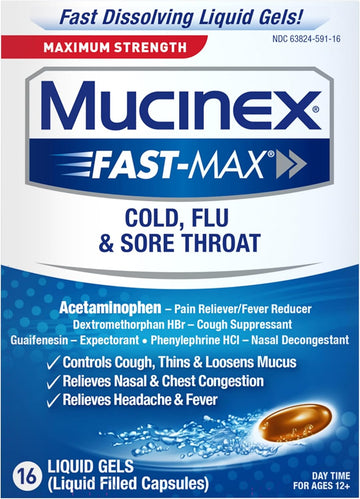 Mucinex Fast-Max Liquid Gels For Cold/Flu/Sore Throat, 16 Count