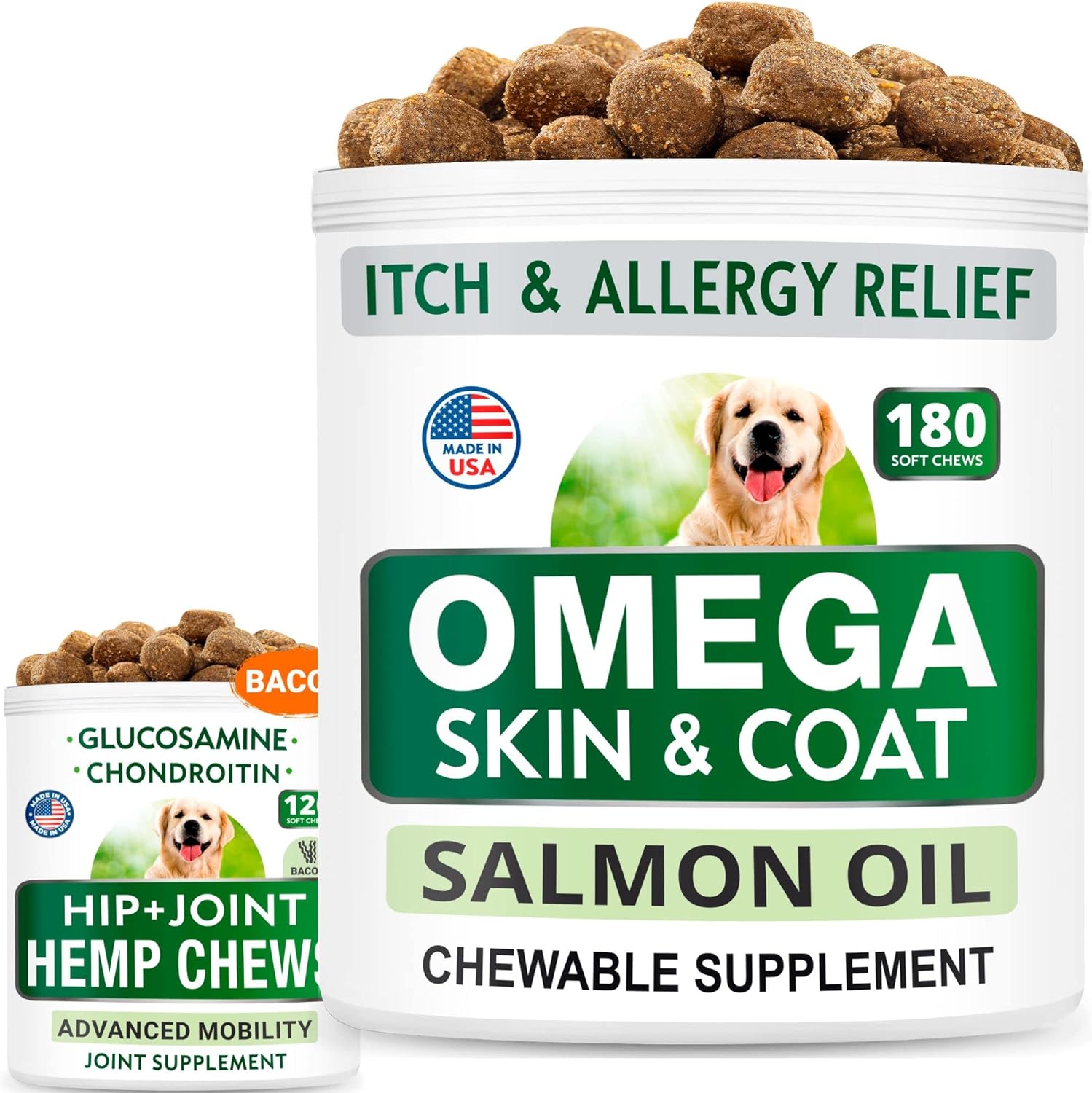 Omega 3 For Dogs + Hemp + Glucosamine Bundle - Allergy And Itch Relief + Joint Pain Relief - Epa & Dha Fatty Acids + Hemp Oil, Chondroitin W/Msm, Omega 3 - Anti-Shedding - 180 + 120 Chews - Us Made