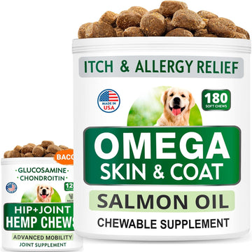 Omega 3 For Dogs + Hemp + Glucosamine Bundle - Allergy And Itch Relief + Joint Pain Relief - Epa & Dha Fatty Acids + Hemp Oil, Chondroitin W/Msm, Omega 3 - Anti-Shedding - 180 + 120 Chews - Us Made