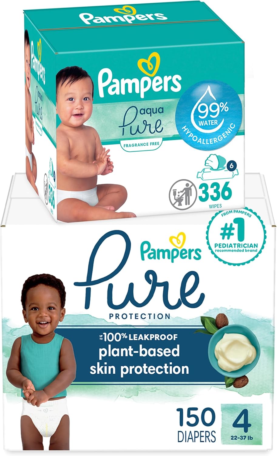 Pampers Pure Protection Disposable Baby Diapers Size 4, One Month Supply (150 Count) With Aqua Pure Baby Wipes, 6X Pop-Top Packs (336 Count)