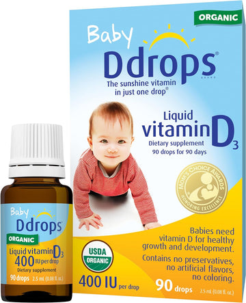 Ddrops Organic Baby 400 Iu 90 Drops - Daily Vitamin D Liquid For Infants. Supports Teeth & Bone Health. No Preservatives, No Sugar, Non-Gmo, Allergy-Friendly