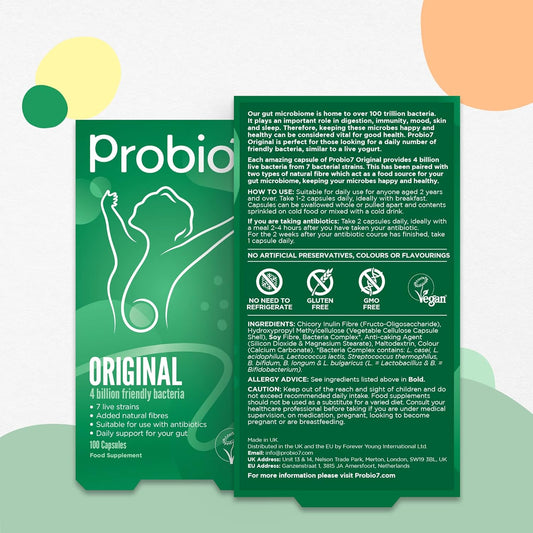 Probio7 Original | Vegan Approved | With 4 Billion Cfu, 7 Live Bacterial Strains + 2 Types Of Natural Fibre | Digestive Health Supplements, Probiotics For Gut Health, 200 Capsules