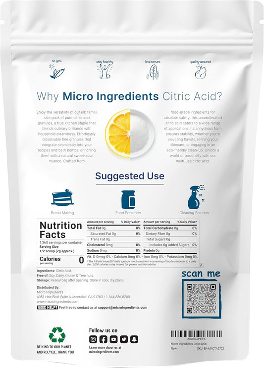 Citric Acid 6 Pounds, Food Grade, Fine Granular Powder | 100% Pure, Concentrated Anhydrous Form | Natural Preservative + Great For Cooking, Cleaning, & Diy Bath Bombs | Non-Gmo