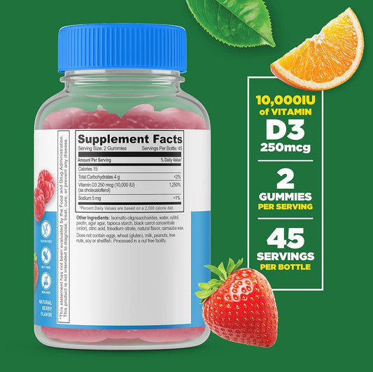 Lifeable Sugar Free Vitamin D 10,000 IU ? Great Tasting Natural Flavor Gummy Supplement ? Gluten Free Vegetarian GMO-Free Chewable ? for Immune Support and Bone Health ? for Adults ? 90 Gummies