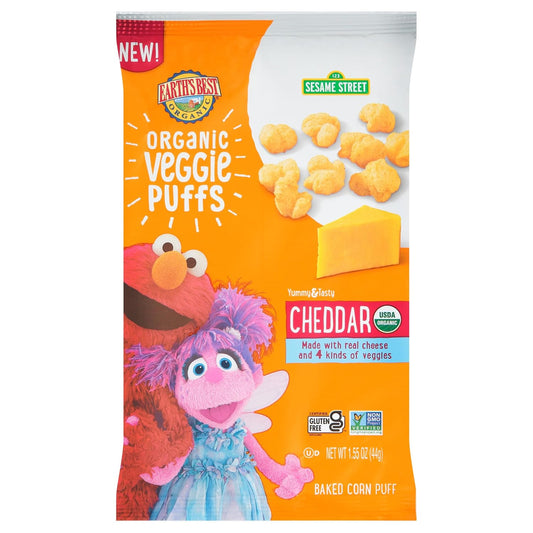 Earth'S Best Organic Kids Snacks, Sesame Street Toddler Snacks, Organic Cheddar Veggie Puffs, Gluten Free Snacks For Kids 2 Years And Older, Cheddar, 1.55 Oz Bag (Pack Of 4)
