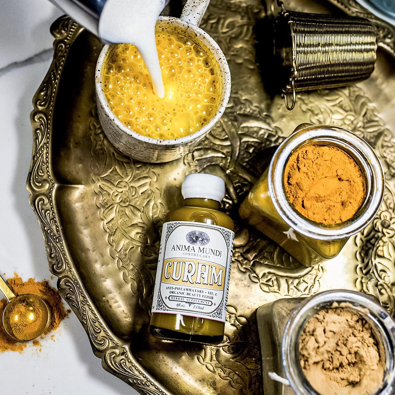 Anima Mundi Curam Organic Beauty Elixir - Liquid Turmeric Tincture - Adaptogenic Liquid Herbal Tincture with Organic Turmeric Root Extract - Add to Tea, Coffee, Smoothies and More (4oz / 118ml) : Health & Household