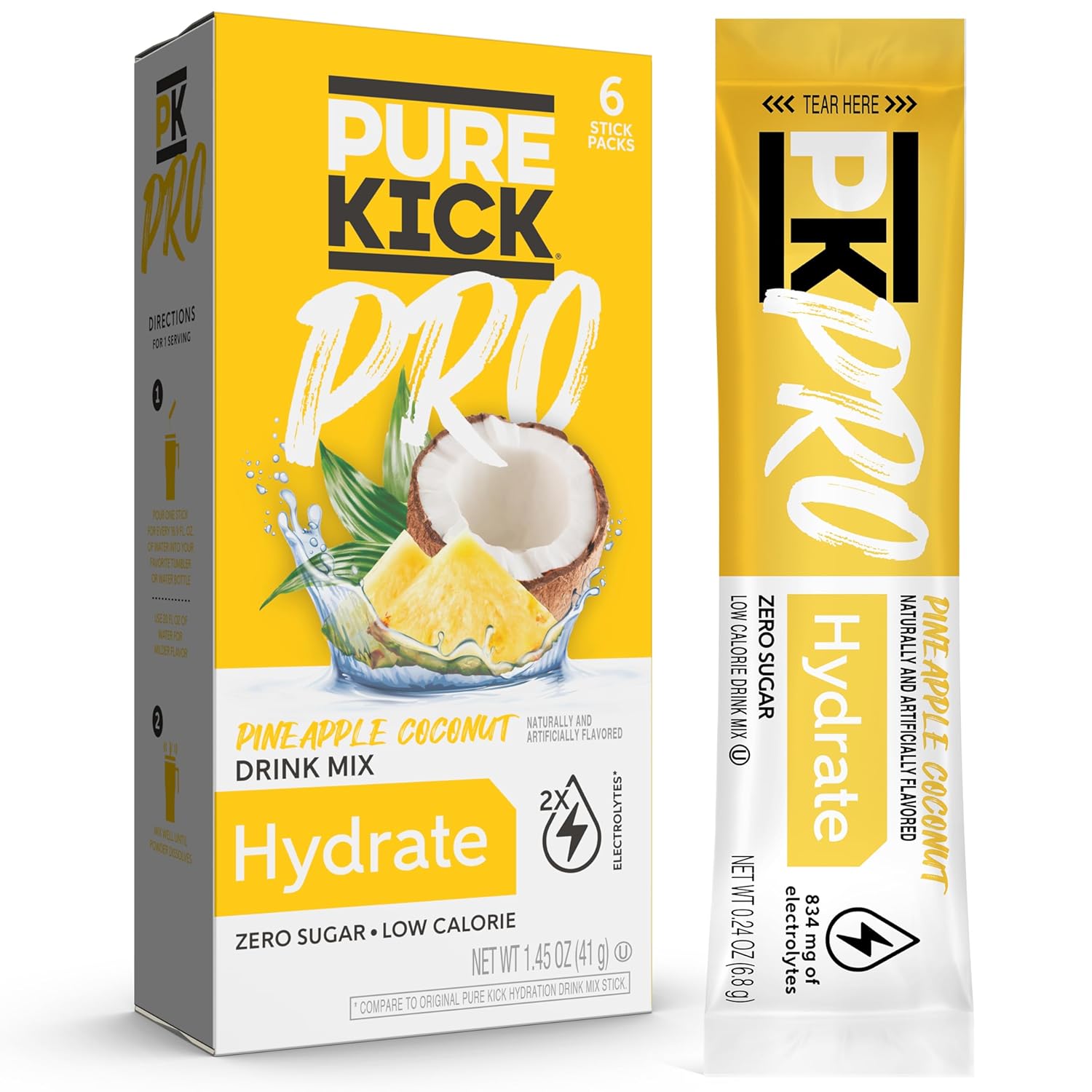 Pure Kick Pro Hydration Electrolyte Drink Mix, Pineapple Coconut, Includes 1 Box With 6 Packets In Each Box