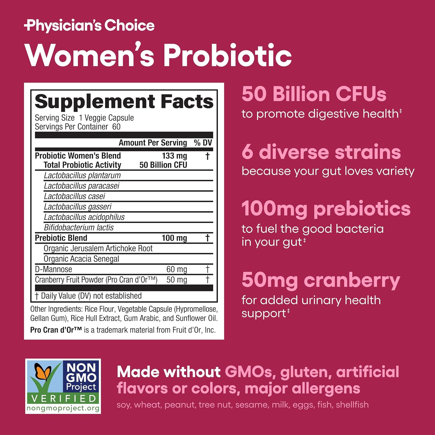 Physician's Choice Probiotics - PH Balance, Digestive, UT, & Feminine Health - 50 Billion CFU - 6 Unique Strains for Women - Organic Prebiotics, Cranberry Extract+ - Probiotic - 60 CT : Health & Household