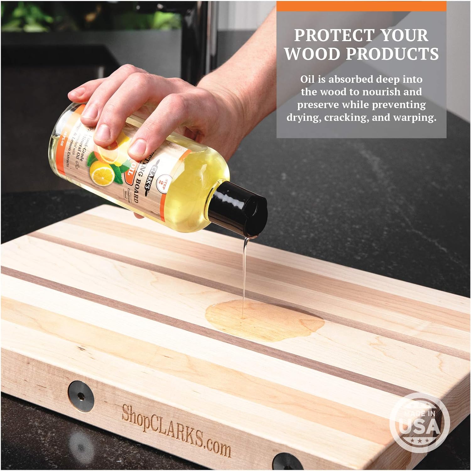 CLARK’S Cutting Board Oil and Wax Kit – Includes Food Grade Mineral Oil (12oz), Finishing Wax (6oz), Applicator, & Buffing Pad to Clean and Protect Wood, Enriched with Natural Lemon & Orange Extract : Health & Household