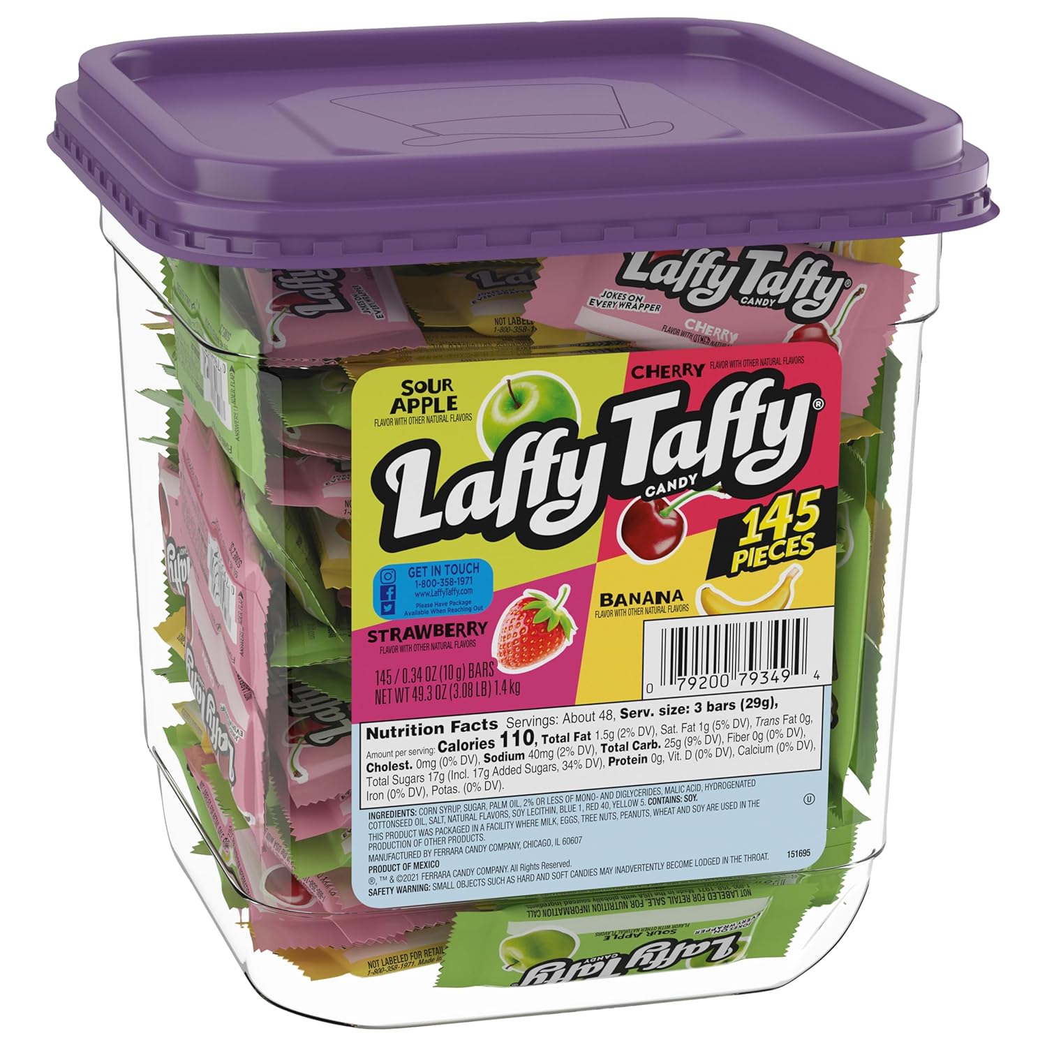 Laffy Taffy Candy, Assorted Fruit Flavored Taffy Candy, Sour Apple, Cherry, Strawberry & Banana Flavors, Fruity Treat For School, 145 Pieces