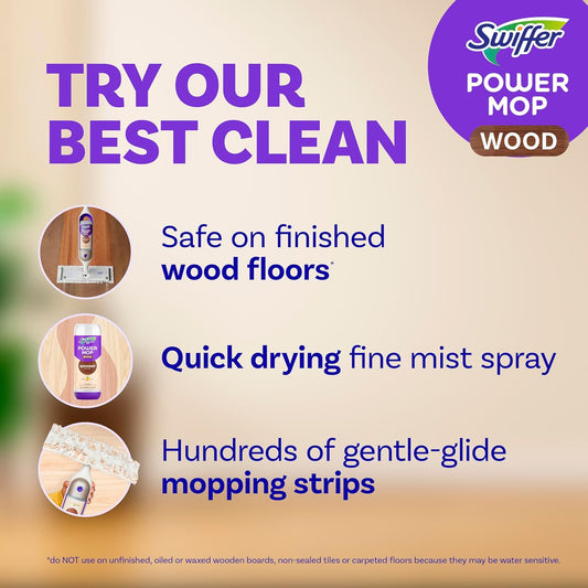 Swiffer Powermop Wood Mop Kit For Wood Floor Cleaning, Quickdry Solution With Lemon Scent, Mopping Kit Includes Powermop Wood, 2 Mopping Pad Refills