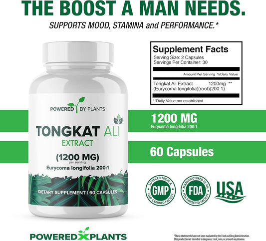 POWERED X PLANTS Tongkat Ali Extract 200:1 for Men (Longjack) Eurycoma Longifolia 1200mg - Men's Health Support, Herbal Male Performance Supplement for Stamina and Drive by PXP