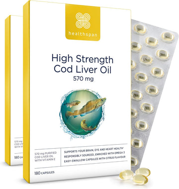 Healthspan Cod Liver Oil 570Mg | Support Your Brain, Heart, Eyes & Bones | 150Mg Omega 3 Fatty Acids Per Capsule (360 Capsules)
