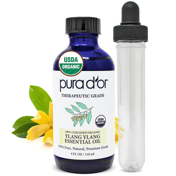Pura D'Or Organic Ylang Ylang Essential Oil (4Oz With Glass Dropper) 100% Pure & Natural Therapeutic Grade For Hair, Body, Skin, Aromatherapy Diffuser, Relaxation, Massage, Mood, Antioxidant Support