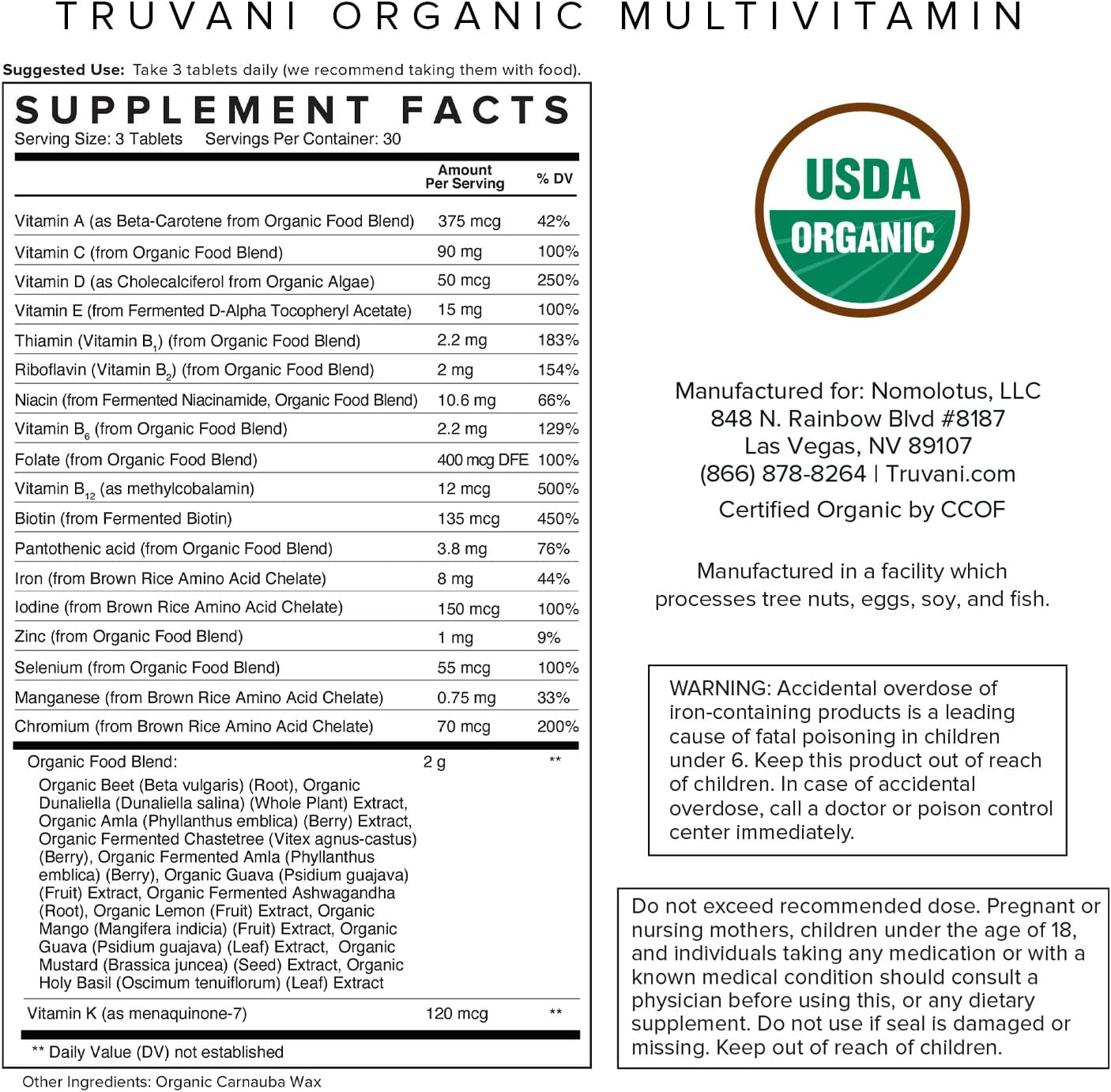 Truvani Daily Organic Multivitamin Supplement - Vegan, Non GMO Tablets with Iron & Biotin - Dairy, Soy, & Gluten Free - 30 Day Supply (90 Tablets) : Health & Household