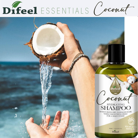 Difeel Essentials Hydrating Coconut Shampoo 12 Oz. - Moisturizing Sulfate Free Shampoo Made With 100% Natural Essential Oils