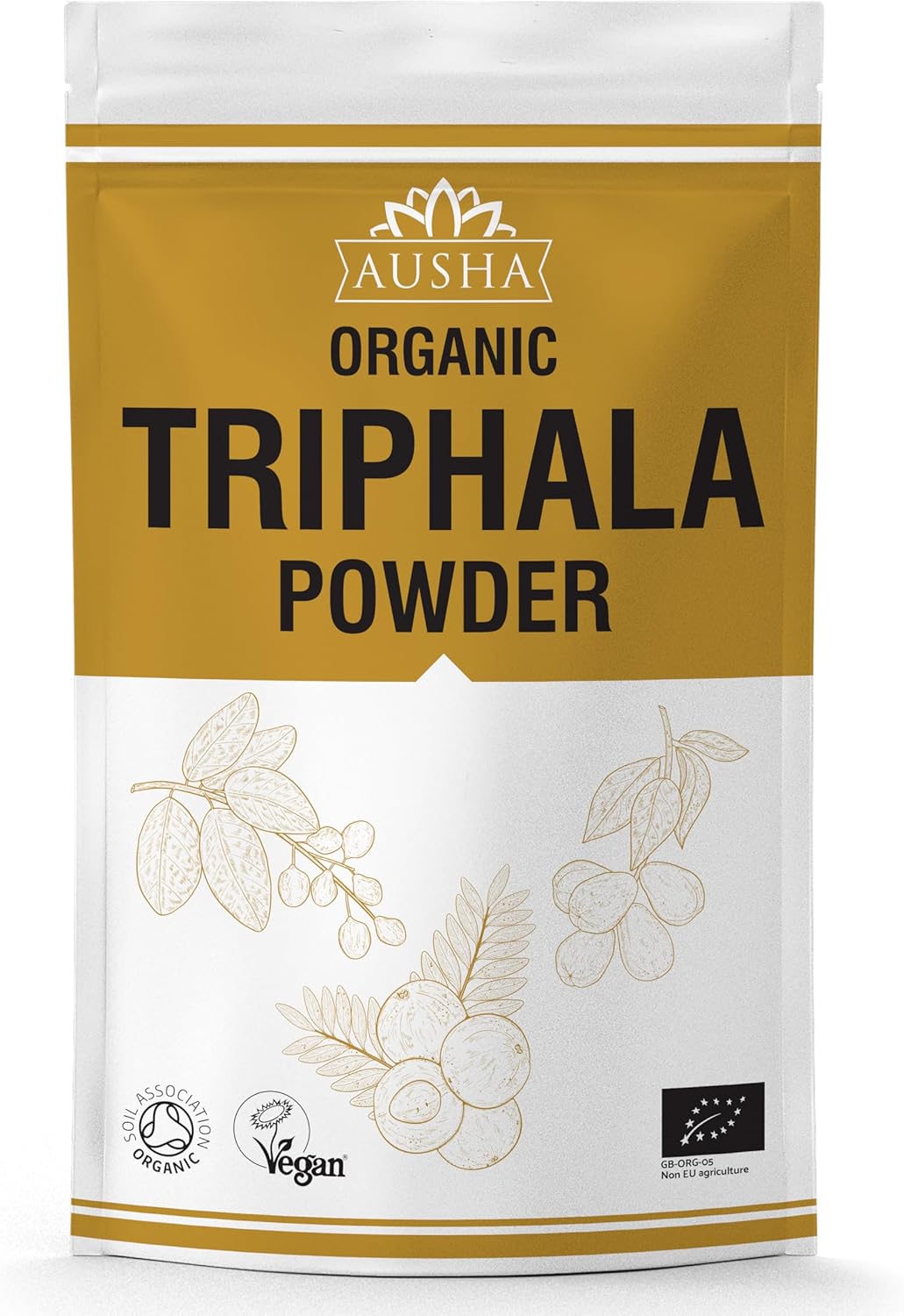 Ausha Organic Triphala Powder - 250 Grams - Uk Certified Organic By Soil Association - Gut Health, Constipation Relief, Digestion