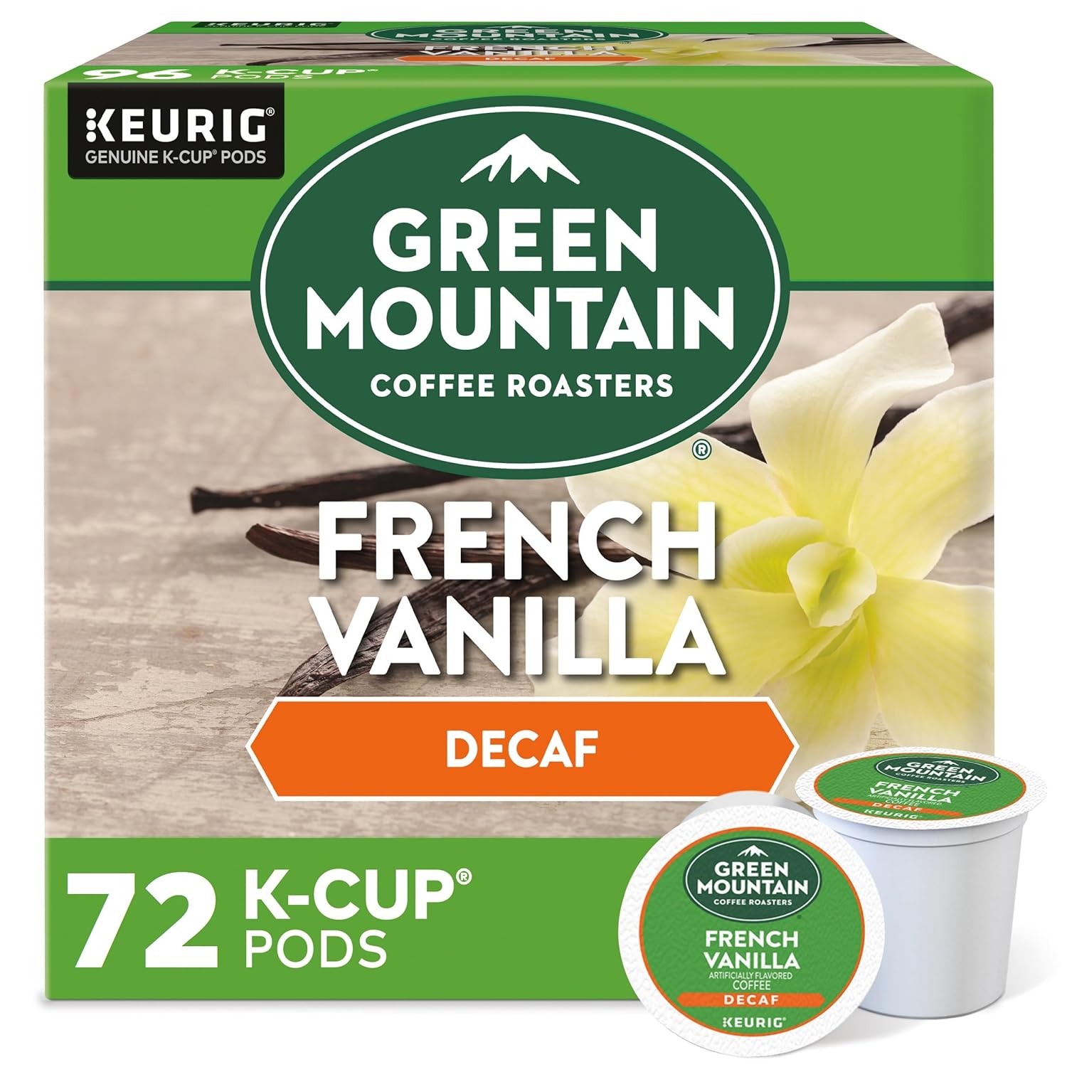 Green Mountain Coffee Roasters French Vanilla Decaf Keurig Single-Serve K-Cup pods, Light Roast Coffee, 72 Count (6 Packs of 12)