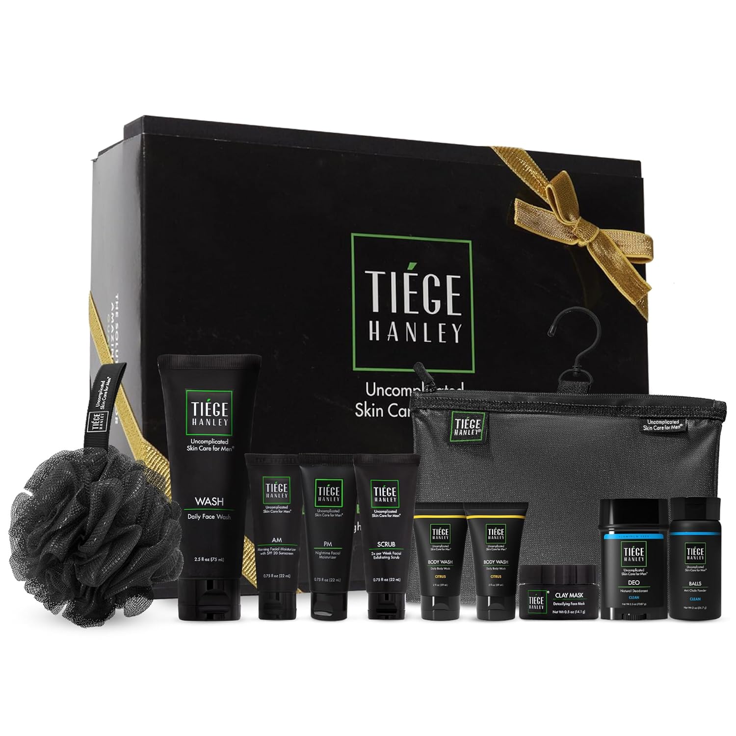 Tiege Hanley Mens Skin Care Gift Box Set, Gold - Men'S Skincare Set With Face Wash, Am & Pm Moisturizer, Scrub, Clay Mask, Body Wash, Deodorant, Anti Chafe Powder, Scrubber & Dopp Kit