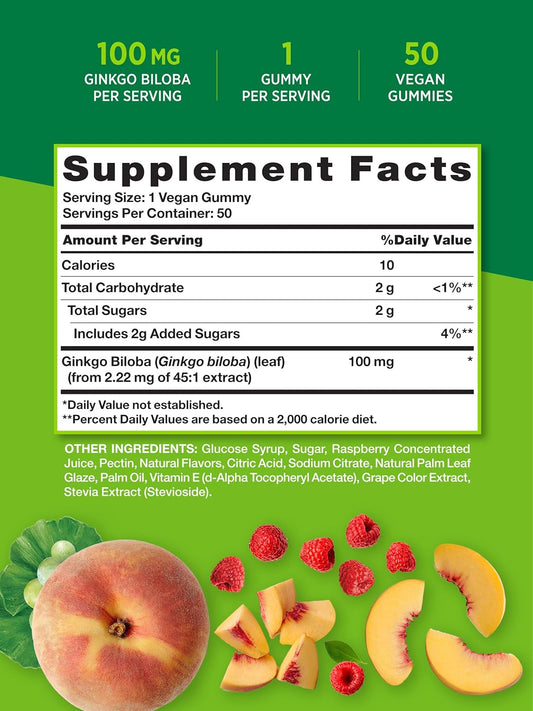 Ginkgo Biloba Gummies | 50 Count | Peach Raspberry Flavor | Vegan, Non-Gmo & Gluten Free Extract Supplement | By Nature'S Truth