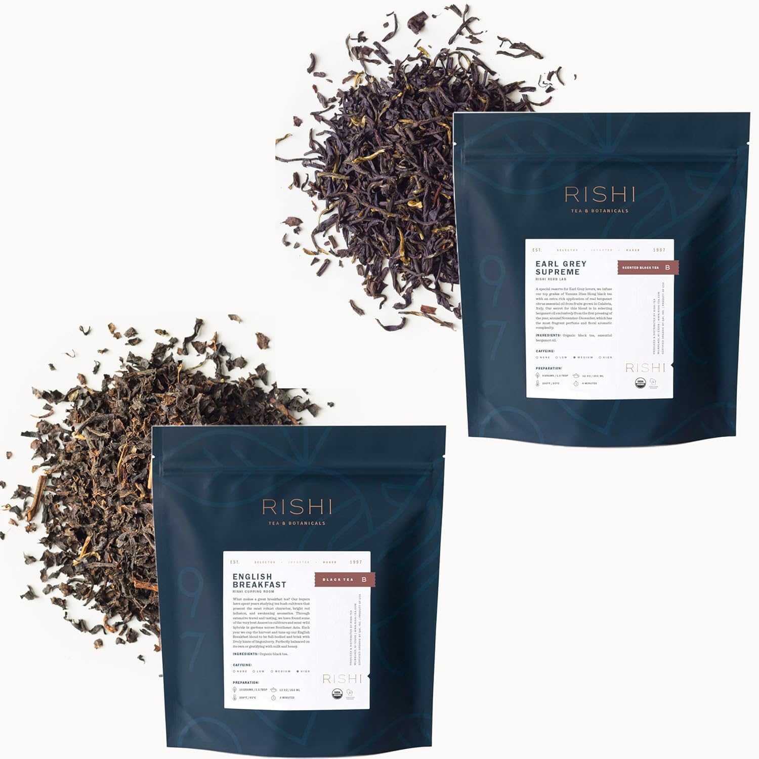 Rishi Tea English Breakfast & Earl Grey Supreme Tea - Organic Direct Trade Loose Leaf, Caffeinated Tea Bundle - 16 Ounce (Pack Of 2)