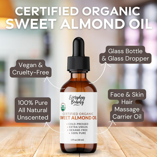 Organic Sweet Almond Oil | 100% Pure, Cold-Pressed, Unrefined | Usda Certified Organic | Amber Glass Bottle With Glass Dropper | For Face, Skin & Hair - 1 Fl Oz