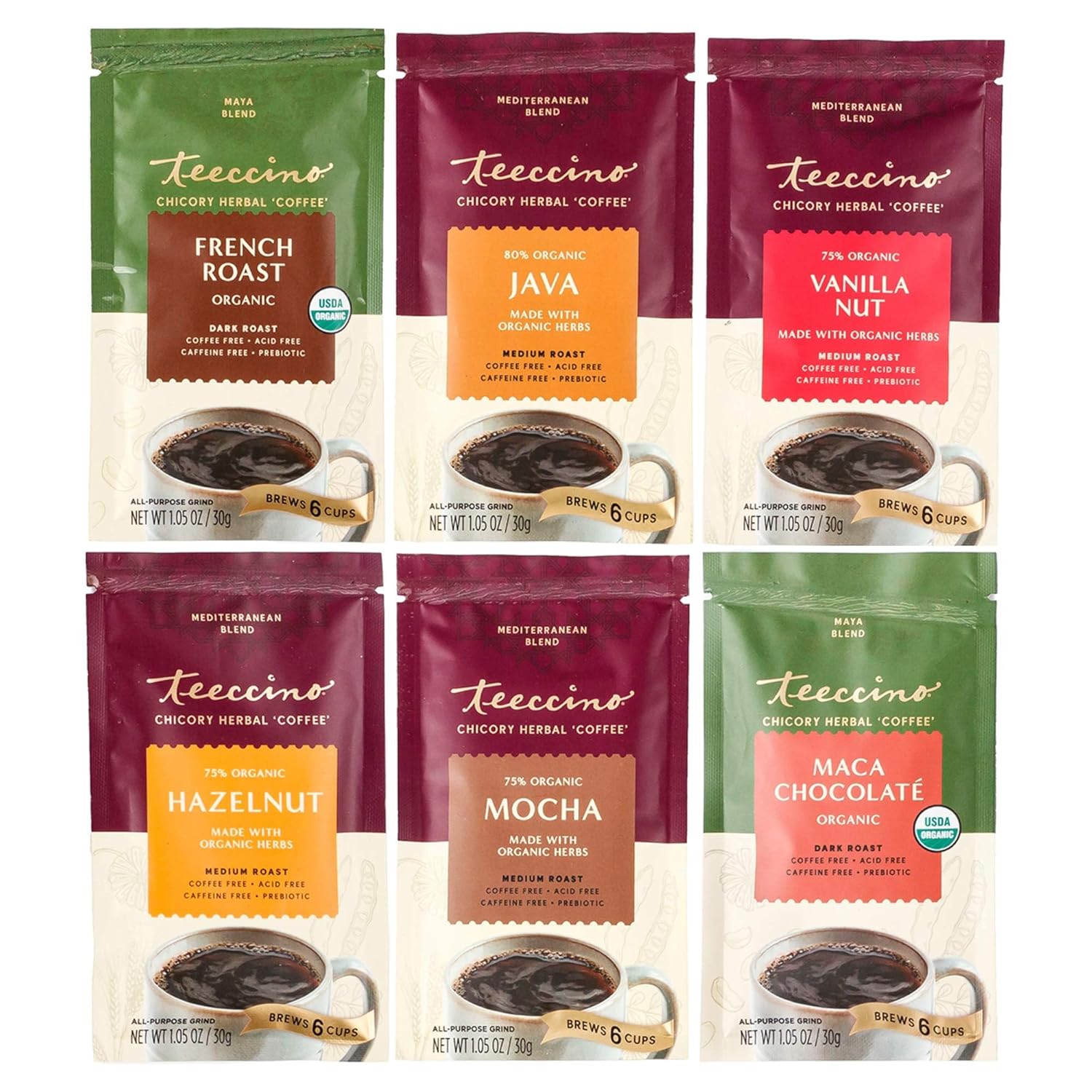 Teeccino Herbal Coffee Sampler - 6 X 30G Trial Size Chicory Coffee Alternatives - French Roast, Vanilla Nut, Hazelnut, Mocha, Maca Chocolate, Java – Prebiotic, Caffeine Free & Acid Free