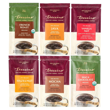 Teeccino Herbal Coffee Sampler - 6 X 30G Trial Size Chicory Coffee Alternatives - French Roast, Vanilla Nut, Hazelnut, Mocha, Maca Chocolate, Java – Prebiotic, Caffeine Free & Acid Free