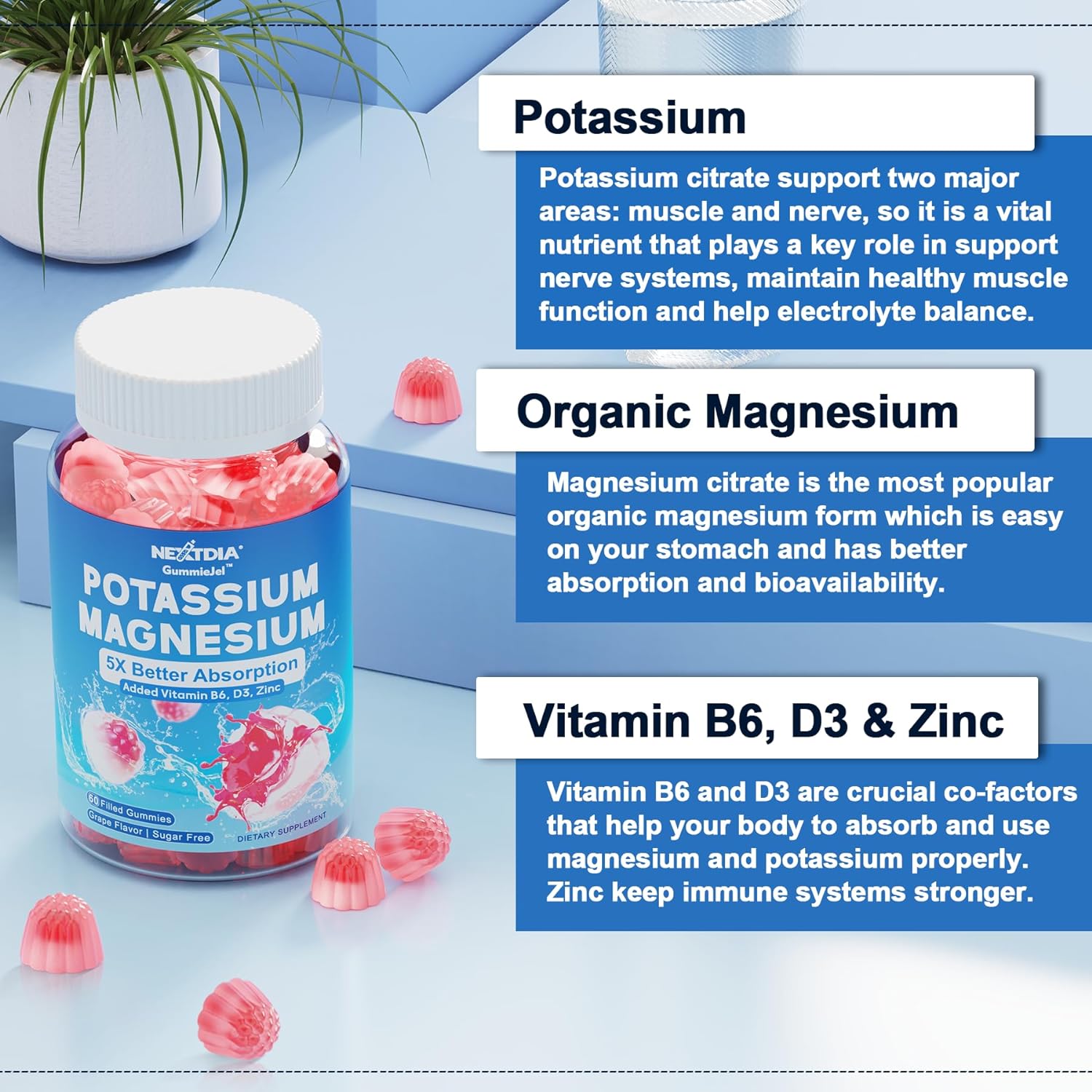 Sugar Free Potassium Magnesium Filled Gummies, 5x Better Absorption, Potassium Citrate 99mg Magnesium Citrate 420mg, D3, B6 & Zinc, for Leg Cramps & Muscle & Immune Health, Vegan, Grape Flavor, 1 Pack : Health & Household
