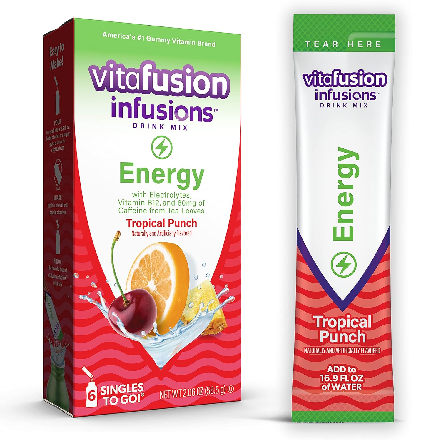 Vitafusion Infusions Energy Drink Mix, Singles To Go, Tropical Punch, 1 Box, 6 Packets Per Box (6 Total Sticks)