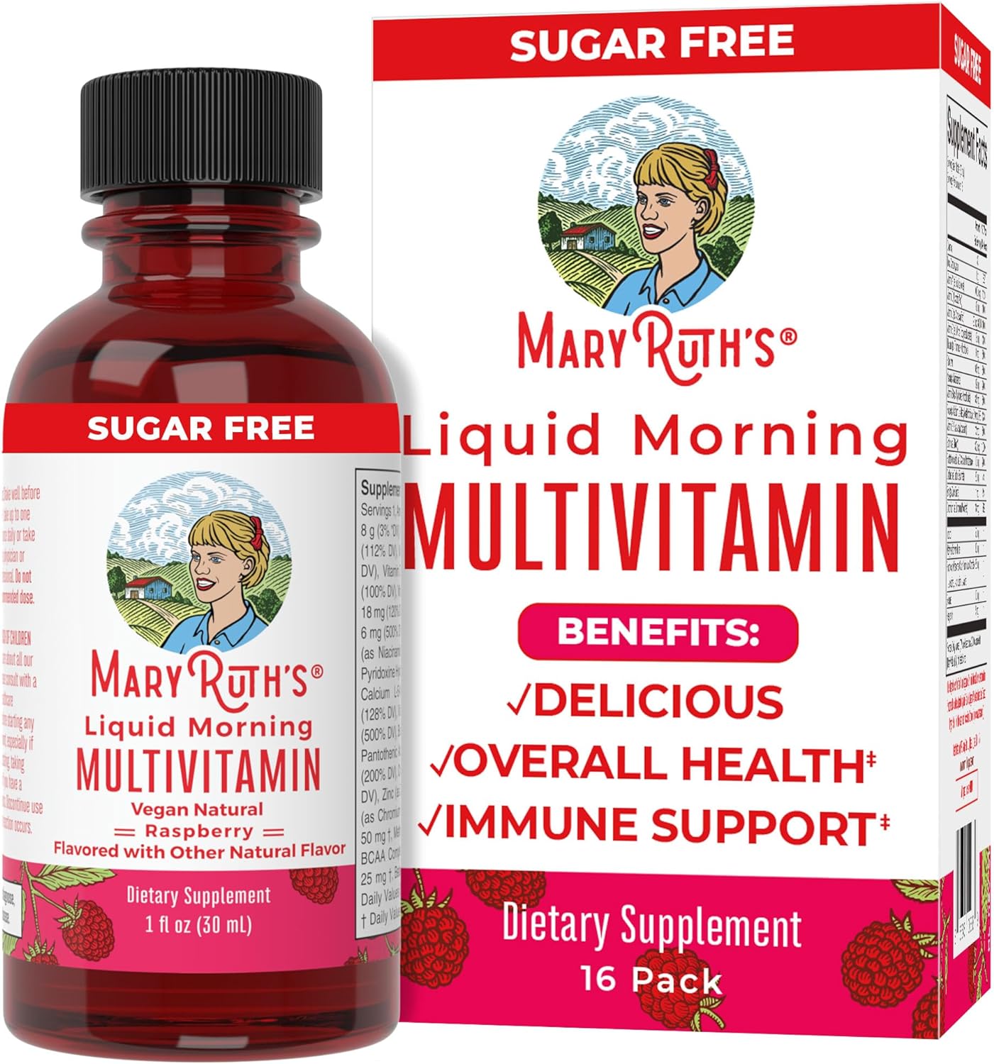 Maryruth Organics Multivitamin For Women Men & Kids No Added Sugar | Morning Raspberry | Liquid Vitamins For Adults & Kids | Mens | Womens Multivitamin | Energy & Beauty Booster | 16-1 Fl Oz Bottles