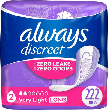 Always Discreet Adult Incontinence & Postpartum Liners For Women, Size 2, Very Light Absorbency, Long Length, 111 Count X 2 Packs (222 Total Count) (Packaging May Vary)