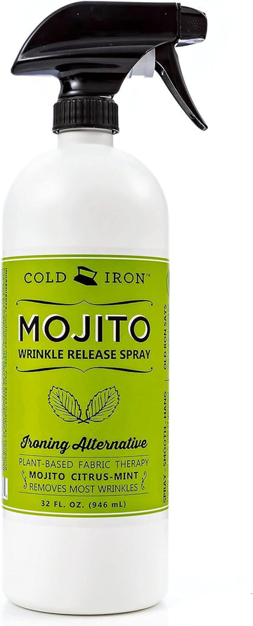Cold Iron Wrinkle Release Spray for Clothes. 32 fl oz. Mojito Citrus Mint. Plant Based Ironing Alternative. Fast, Easy to Use. Spray, Smooth, Hang. Award Winning Formula Saves you Time