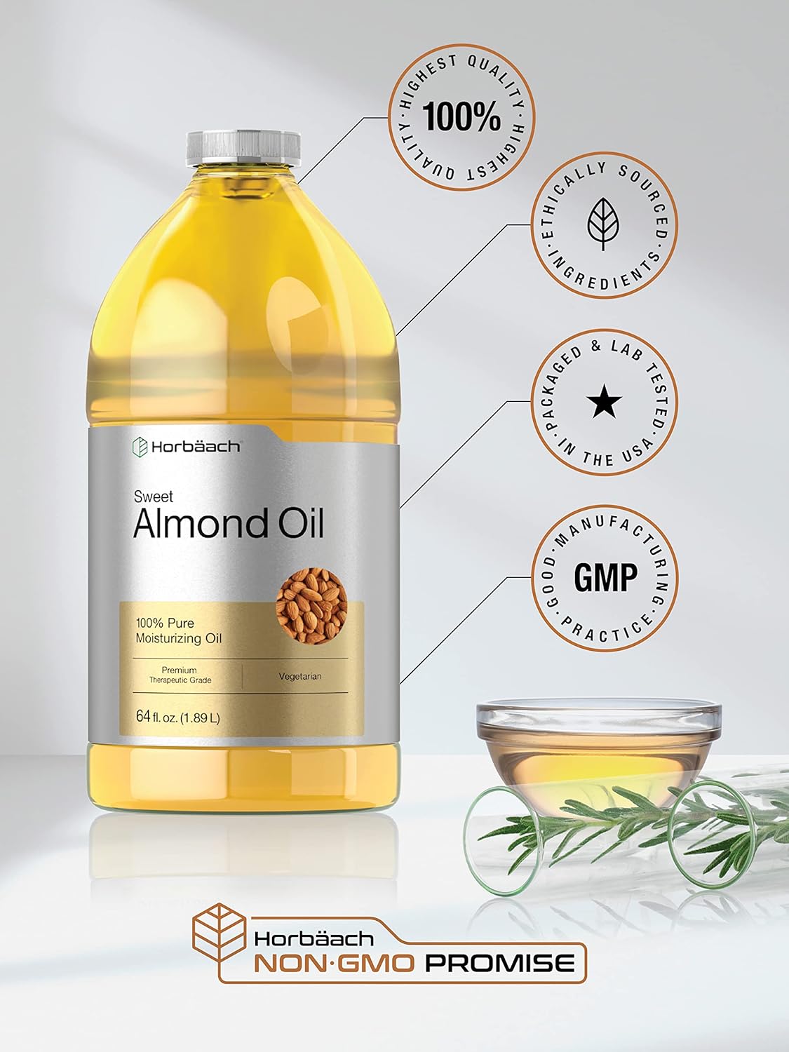 Horbäach Sweet Almond Oil 64 fl oz | for Hair and Skin | Pure and Moisturizing Formula | Bulk Size Carrier Oil | Vegan, Non-GMO, Cruelty Free : Beauty & Personal Care