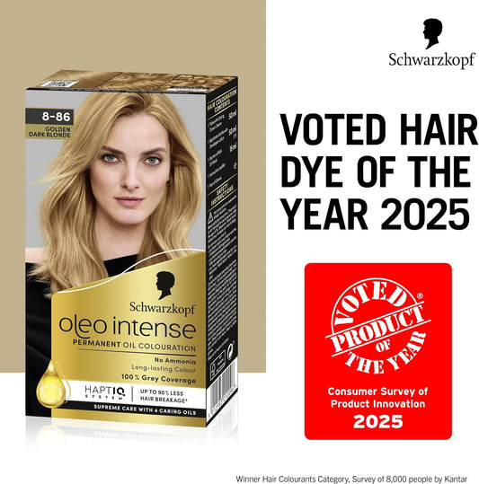 Schwarzkopf Oleo Intense Permanent Oil Colour 8-86 Golden Dark Blonde Hair Dye, 100% Grey Coverage, Conditioner With Haptiq System, Long-Lasting Colour, Ammonia Free Hair Dye