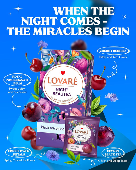 Lovare Night Beautea Tea Bags 48 G - Made In Ukraine - Ceylon Black Tea, Cherry Berries, Cornflower Petals, Royal Pomegranate Plum - Individually Wrapped - Gift Box For Tea Lovers (24 X 2 G)