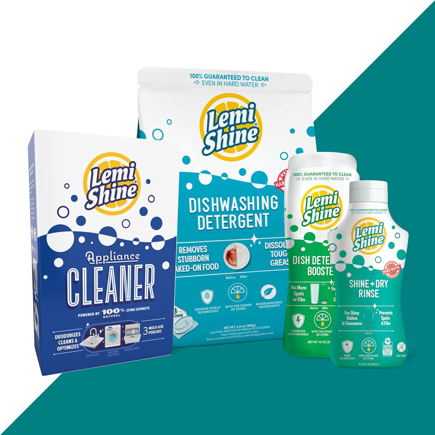 Lemi Shine Complete Dishwasher 4-Pc. Cleaning Bundle - 10 oz Booster Dishwasher Detergent Additive, Dry Rinse, 13 ct. Dishwasher Pods and 3-pk Multi-Purpose Machine Cleaner