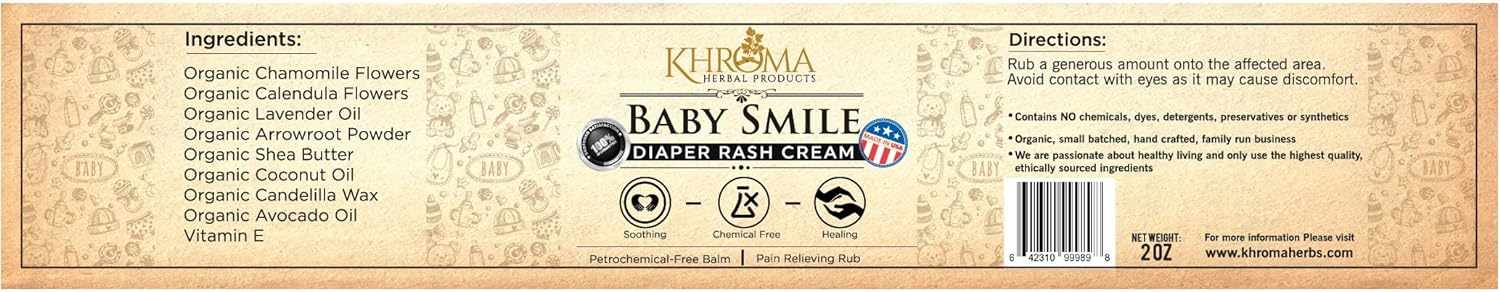 Baby Smile - Organic Soothing Diaper Rash Cream - 2 oz in Glass Bottle - with Lavender, Calendula Flowers, Shea Butter : Baby