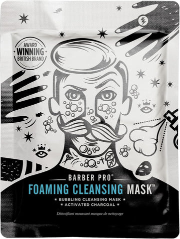 Barber Pro Mens Face Mask Self Foaming Deep Cleanse Sheet Activated Charcoal Firming Purifying Clarifying Pores Tackles Blackheads Natural Vegan Skincare Multi Award Winning Brand