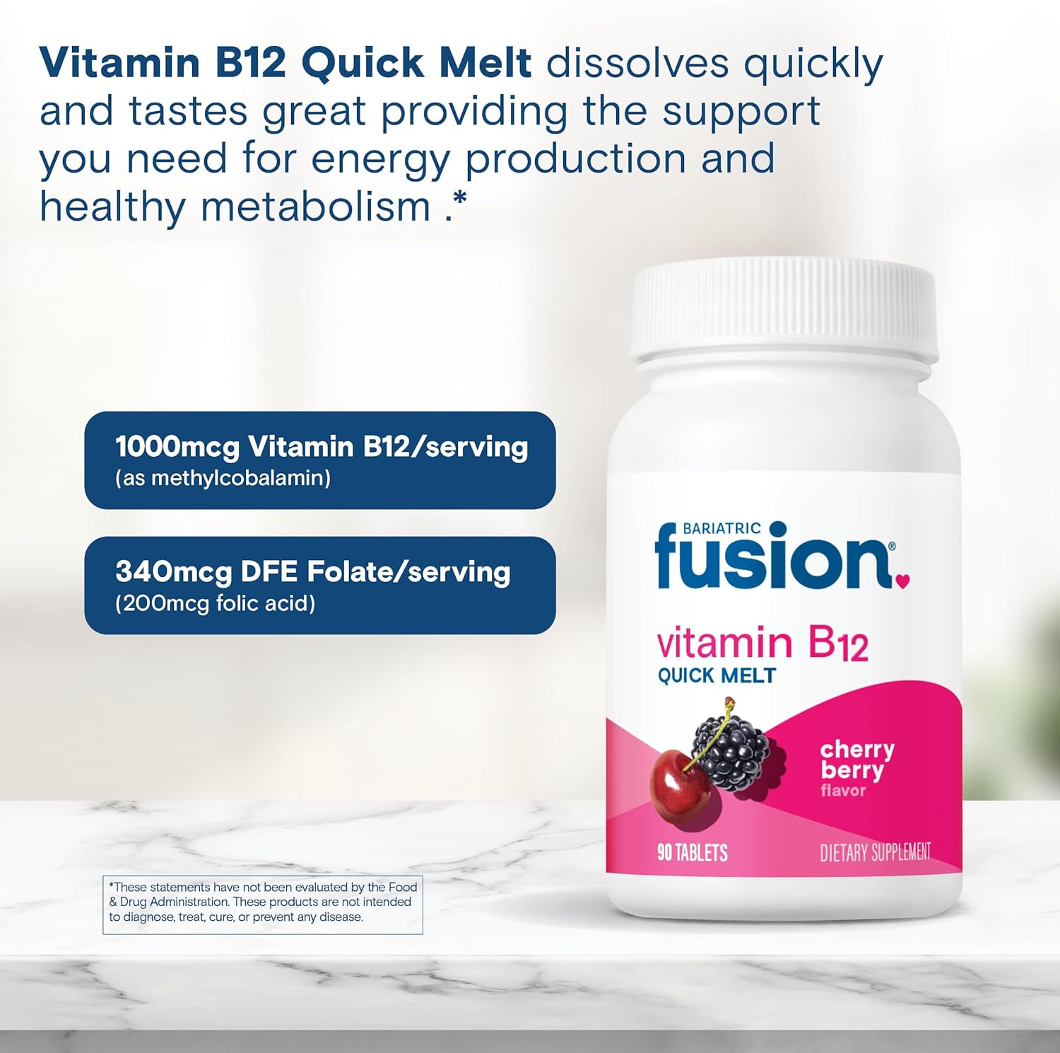 Bariatric Fusion Vitamin B12 Sublingual 1000 Mcg Melts | Cherry Berry Flavored | Vitamin B12 Dissolve Under Tongue Tablets With Folic Acid | Sugar Free | Methylcobalamin | 90 Count : Health & Household